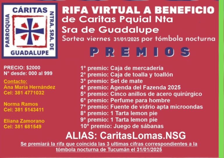 Cáritas organiza rifa virtual a beneficio de la Parroquia Nuestra Señora de Guadalupe