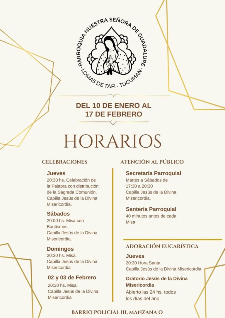 Horarios parroquiales de verano 2026 en Lomas de Tafí