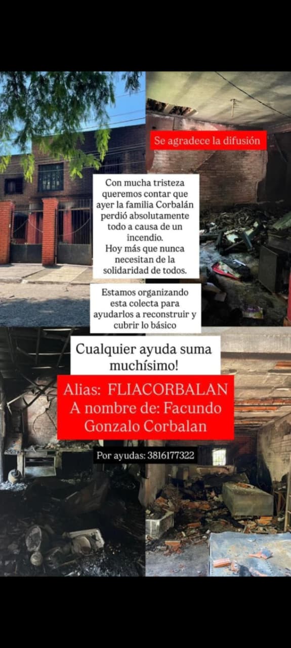 Solidaridad urgente: una familia perdió todo tras un incendio y necesita la ayuda de los vecinos